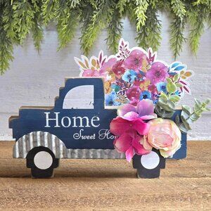 Primitive Wood Blue Colorful Flower Galvanized Truck Farmhouse Decor Figure Sign